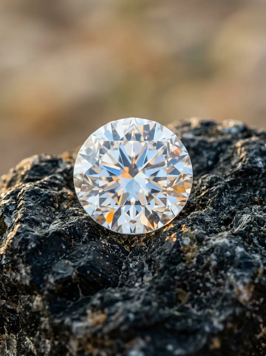 Ein GIA-zertifizierter Naturdiamant als physischer Sachwert, präsentiert auf Rohgestein zur Veranschaulichung der Mine-to-Market Wertschöpfungskette.
