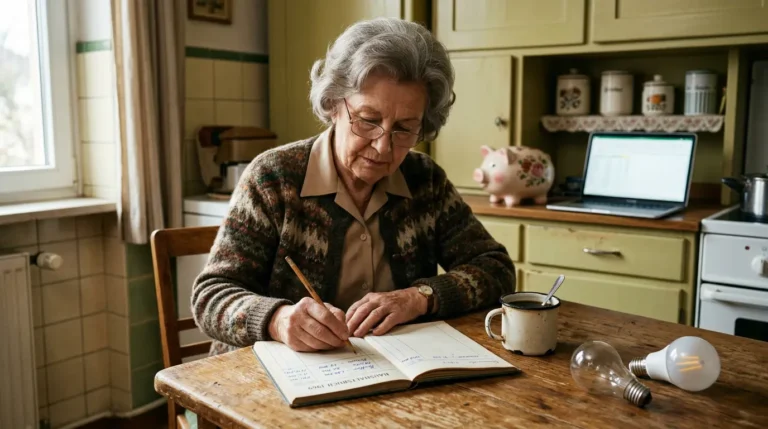 Sparen wie Oma: Eine Seniorin sitzt am Küchentisch und notiert ihre Ausgaben.