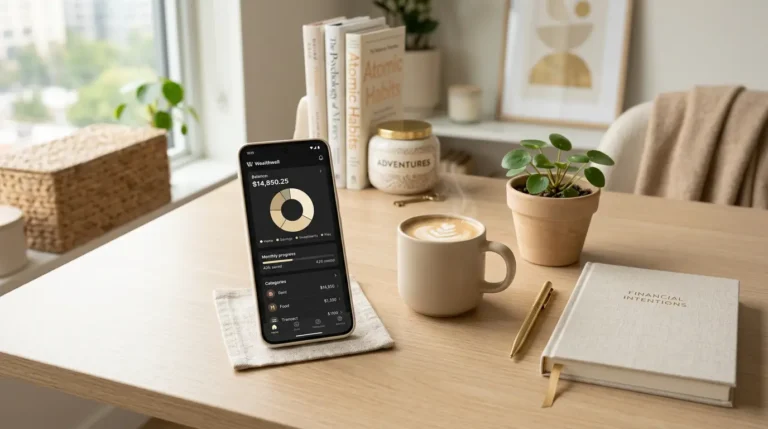 Nebenbei verdienen 2026: Moderne, minimalistische Darstellung einer digitalen Finanzoptimierung in Beige- und Goldtönen, die den Prozess zeigt, wie man Fixkosten verwaltet und Cashback für einen entspannten Alltag nutzt.