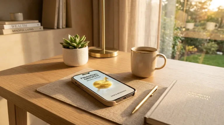 Einfach sparen: Ein sauberes, ästhetisches Foto eines modernen Home-Office-Schreibtischs mit einem Smartphone, auf dessen Display eine Goldmünze zu sehen ist. Umgeben von warmen, beigen Texturen und weichem Licht der goldenen Stunde, das von der Seite einfällt. Hochwertig, professionell, minimalistisch, fokussiert auf Wachstum und Leichtigkeit.