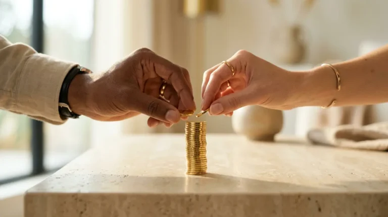 Symbolische Darstellung von Finanzen in der Familie: Männer und Frauen arbeiten partnerschaftlich an ihrem gemeinsamen Vermögensaufbau. Ein minimalistisches Design in Gold und Beige, das Clever sparen und Haushaltsmanagement visualisiert.