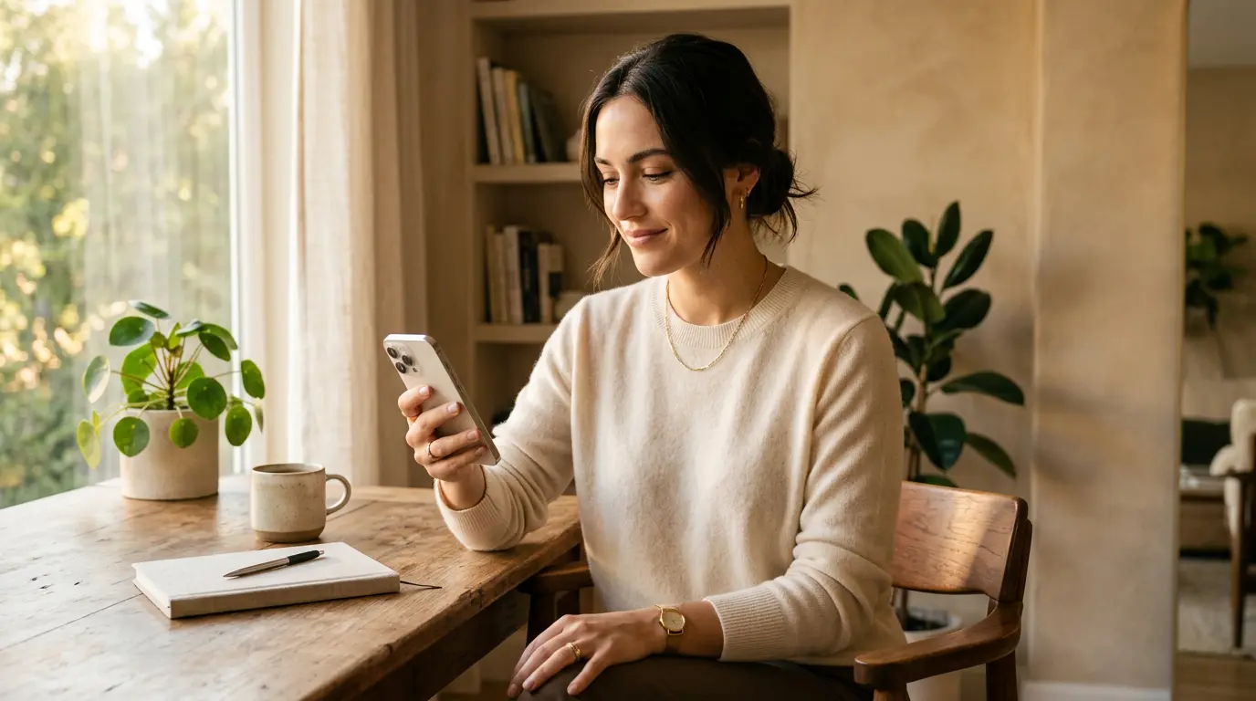 Einfach sparen: Symbol für smarte Alltagsgestaltung: Eine Person nutzt eine App zur strukturierten Budgetplanung in einer ruhigen, modernen Atmosphäre. Fokus auf Klarheit und einfachem Finanzmanagement.