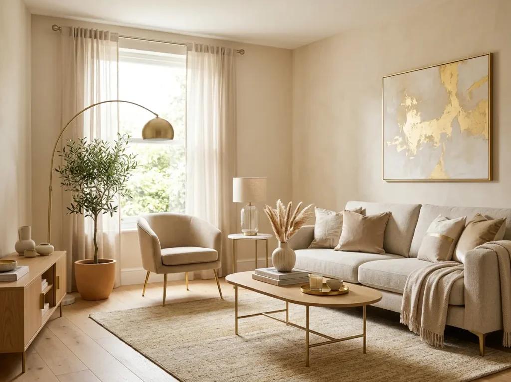 Einladendes, lichtdurchflutetes Wohnzimmer in harmonischen Beige- und Goldtönen mit minimalistischer Einrichtung, das eine Atmosphäre von Vertrauen und persönlicher Beratung schafft.