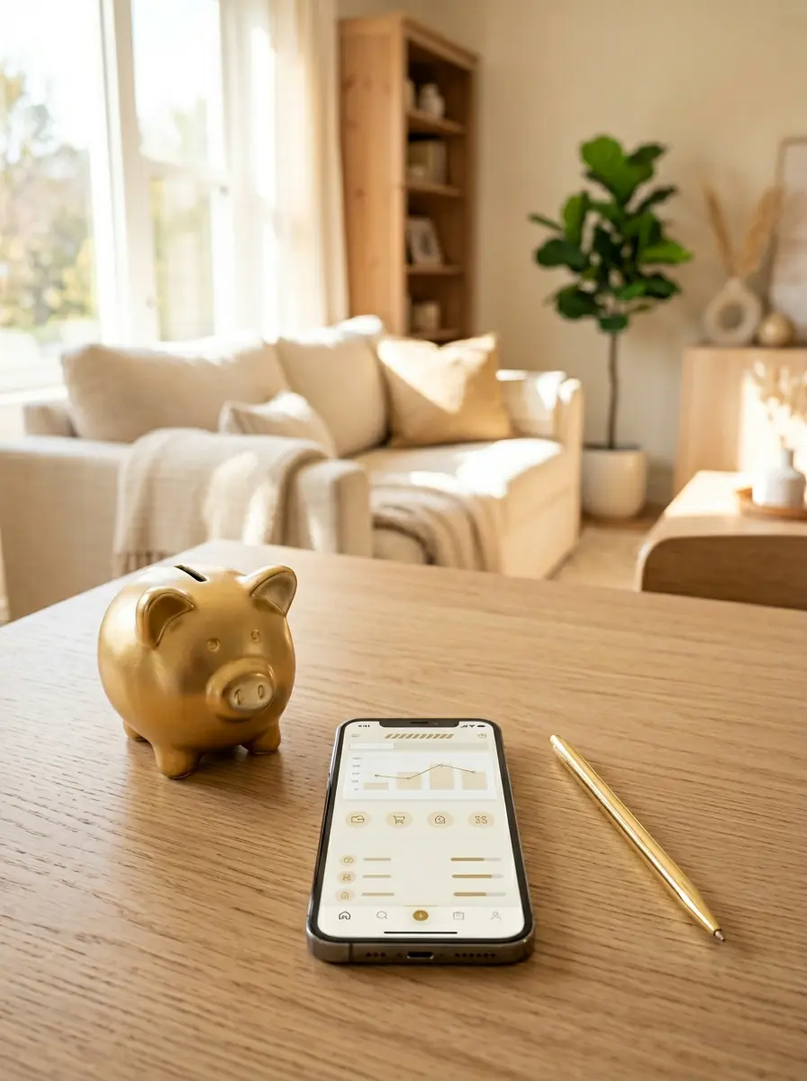 Ein goldenes Sparschwein und ein Smartphone auf einem hellen beigen Holztisch, symbolisch für cleveres Cashback und das Senken von Fixkosten im Familienalltag.